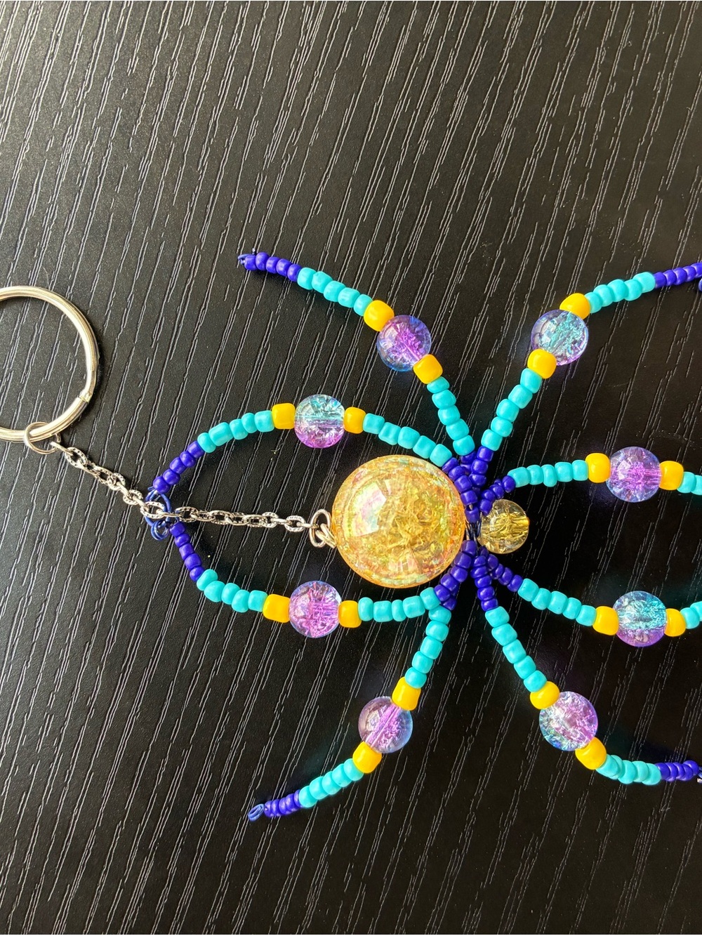 Handmade Yellow, Blue and Purple Beaded Keychain with Iridescent Center